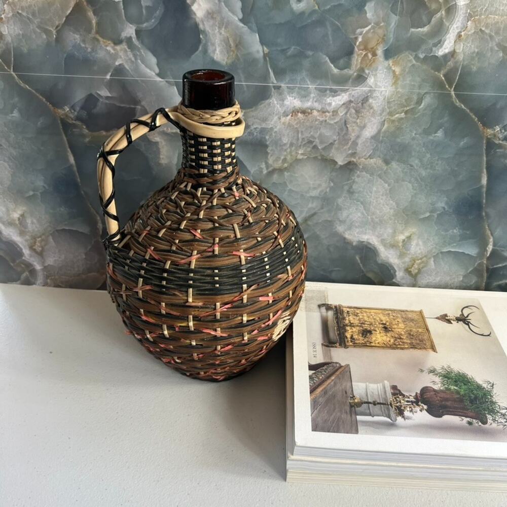 Vintage V Levante Bottle Spanish Woven Wicker Covered Brown Glass - Picture 5 of 13